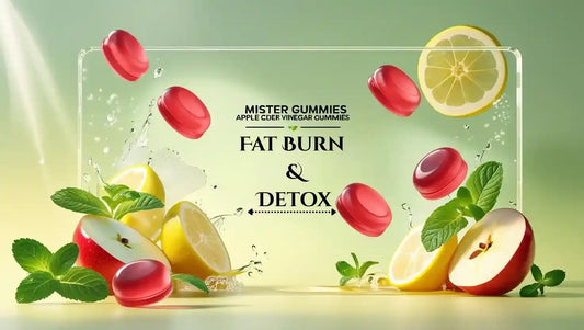 100% Natural round red gummies with Apple Cider Vinegar, Ginger, Pomegranate, and Beetroot ingredients displayed in a bright health supplement banner.