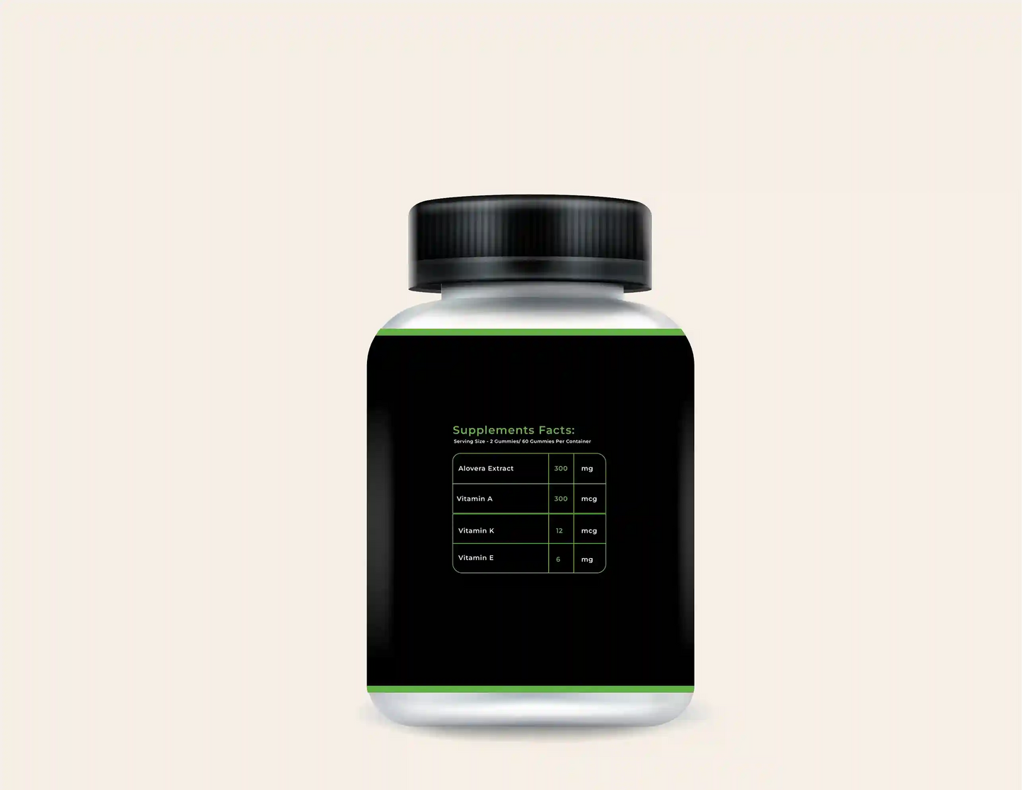Aloe Vera gummies supplement bottle with nutrition label listing Aloe Vera Extract, Vitamin A, Vitamin K, and Vitamin E.