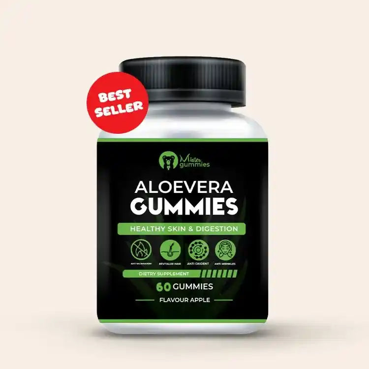 Aloe Vera gummies supplement bottle with vitamins for skin health, hair growth, and immune support, black label with green design and black screw cap.