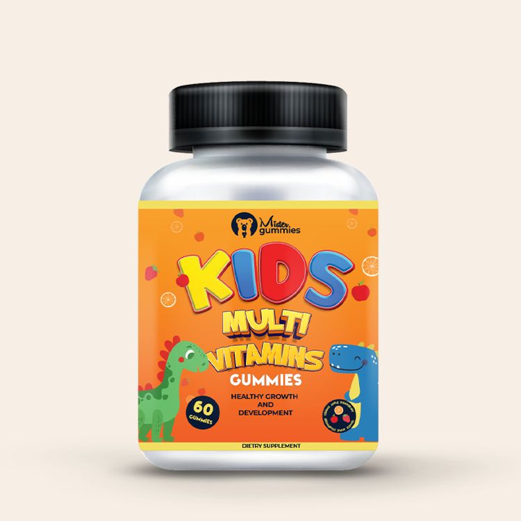 Mister Gummies Kids Multivitamins bottle with bright orange label, playful dinosaur illustrations, and colorful text, containing 60 gummy supplements for healthy growth and development.