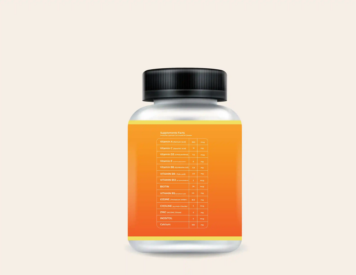 Childrenās multivitamin supplement bottle with orange label showing nutrition facts, including Vitamin A, Vitamin C, Vitamin D3, Vitamin E, B-complex vitamins, Biotin, Iodine, Choline, Zinc, Inositol, and Calcium for kidsā growth, immunity, and overall health.