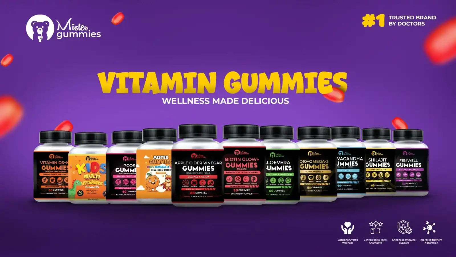 Row of Mitta Gummies vitamin gummy bottles on a purple background with brand logo and text.