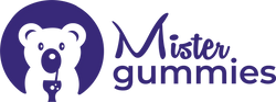 Logo of Mister Gummies with a bear illustration and purple color scheme.