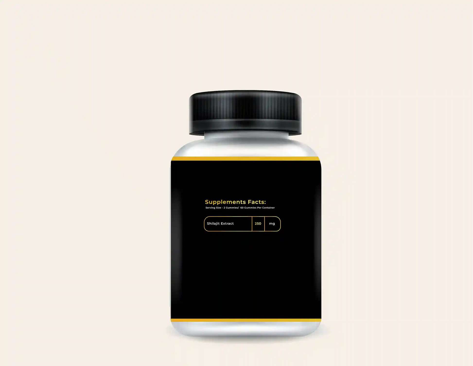 Bottle of Shilajit Gummies with black and gold label showing supplement facts — 250 mg Shilajit Extract per serving.