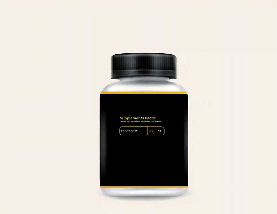 Bottle of Shilajit Gummies with black and gold label showing supplement facts — 250 mg Shilajit Extract per serving.