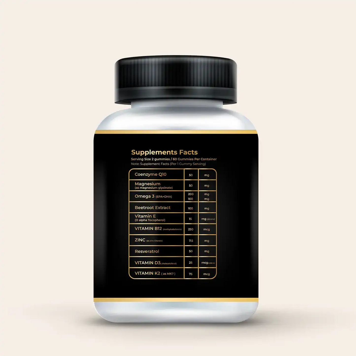 Mister Gummies Q10 Omega-3 Gummies bottle back label showing Supplements Facts: Coenzyme Q10, Magnesium, Omega 3 (EPA DHA), Beetroot Extract, Vitamin E, Vitamin B12, Zinc, Resveratrol, Vitamin D3, Vitamin K2.