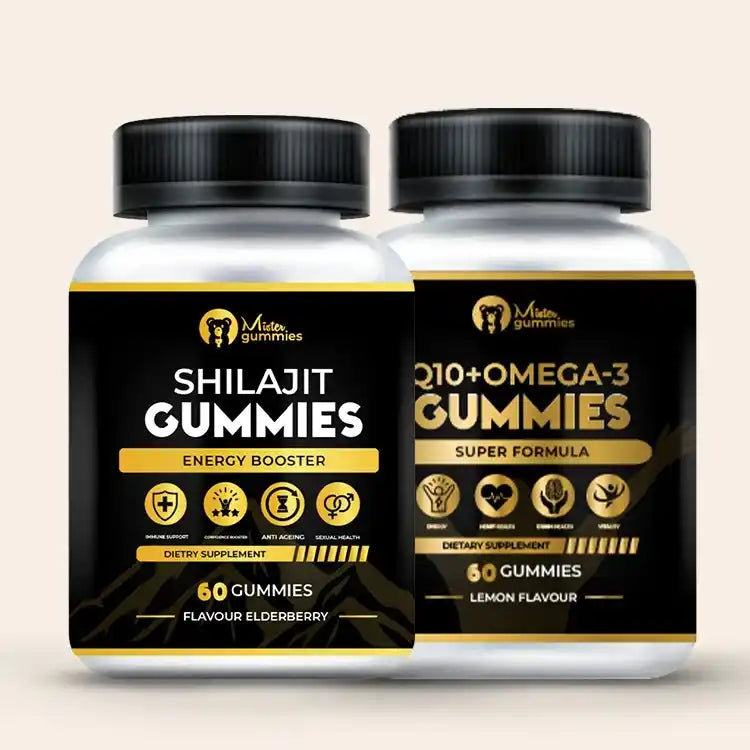 Mister Gummies men's health supplement combo pack featuring Shilajit Gummies, an energy booster for stamina and sexual health, and Q10 Plus Omega-3 Gummies, a super formula for heart, brain, and joint health, both in a 60-gummy bottle.