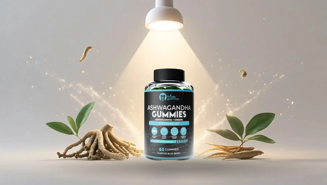 Wellness-themed background with gummy bottle space in center, surrounded by icons for energy, immunity, and health. Mister Gummies branding style.