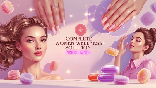 Best gummies for skin, hair, and nails in Pakistan – blog banner showing shiny hair, healthy nails, and strawberries symbolizing beauty vitamins.