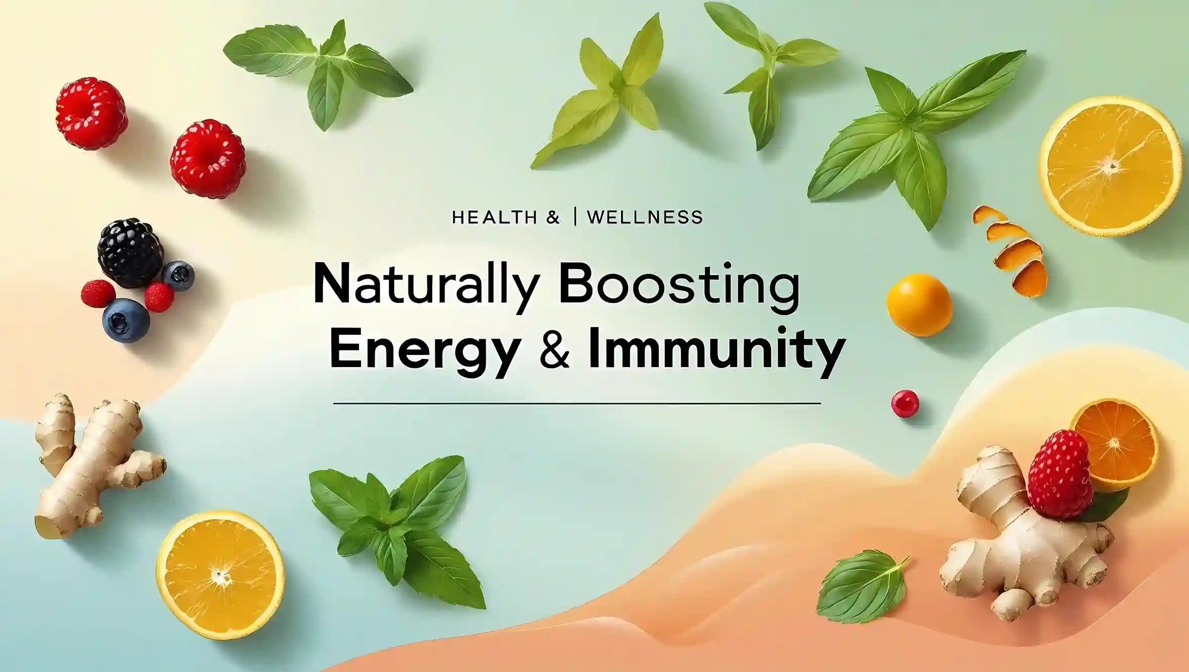 Healthy lifestyle illustration showing natural sources for energy and immune support.