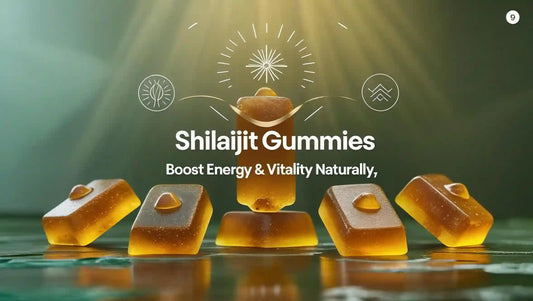 Shilajit Gummies arranged on a reflective surface, glowing with sunlight. Banner promoting natural energy and vitality, with clean health and wellness theme for a Pakistani audience.