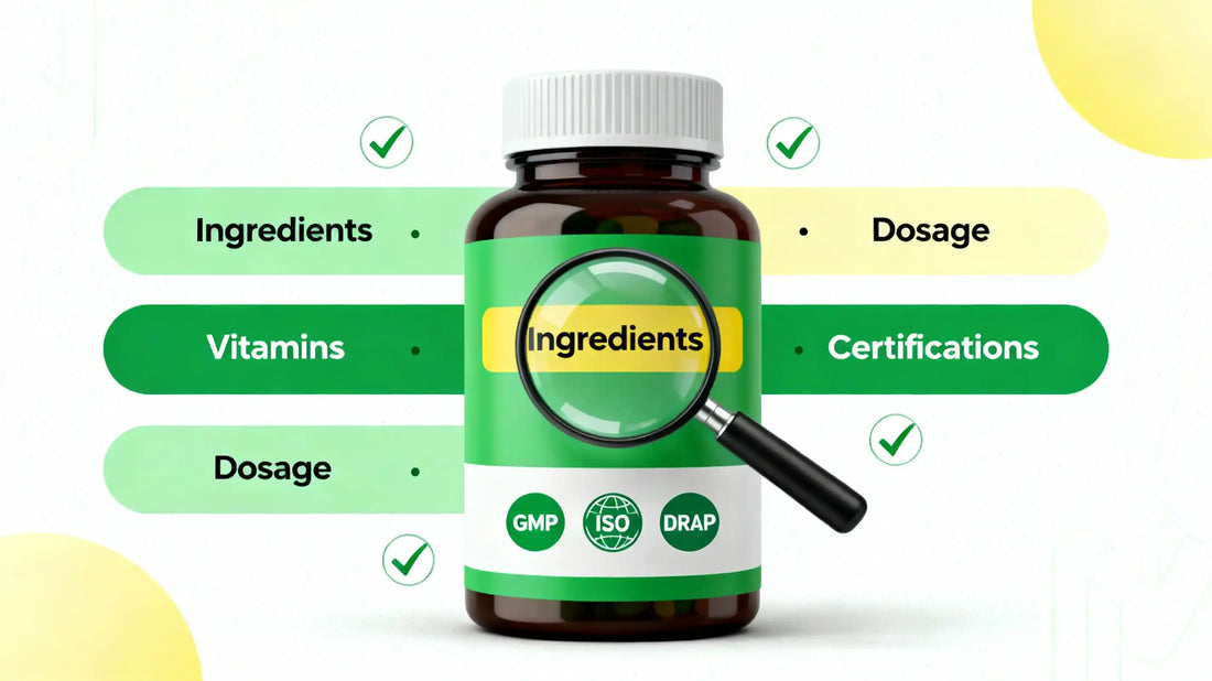 Supplement bottle with a magnifying glass over the label, highlighting key consumer information: Ingredients, Dosage, Vitamins, and Certifications (GMP, ISO, DRAP).