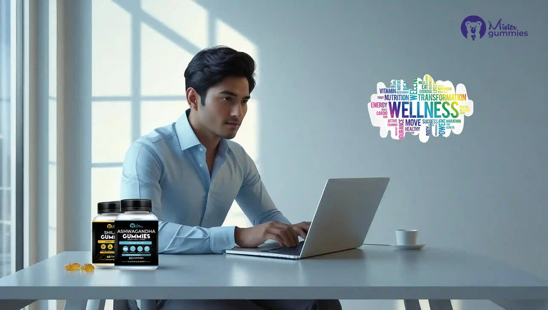 A focused young Pakistani entrepreneur working on a laptop with Mister Gummies’ Ashwagandha and Shilajit bottles placed on the desk, representing stress relief, energy boost, and wellness for professionals in Pakistan.