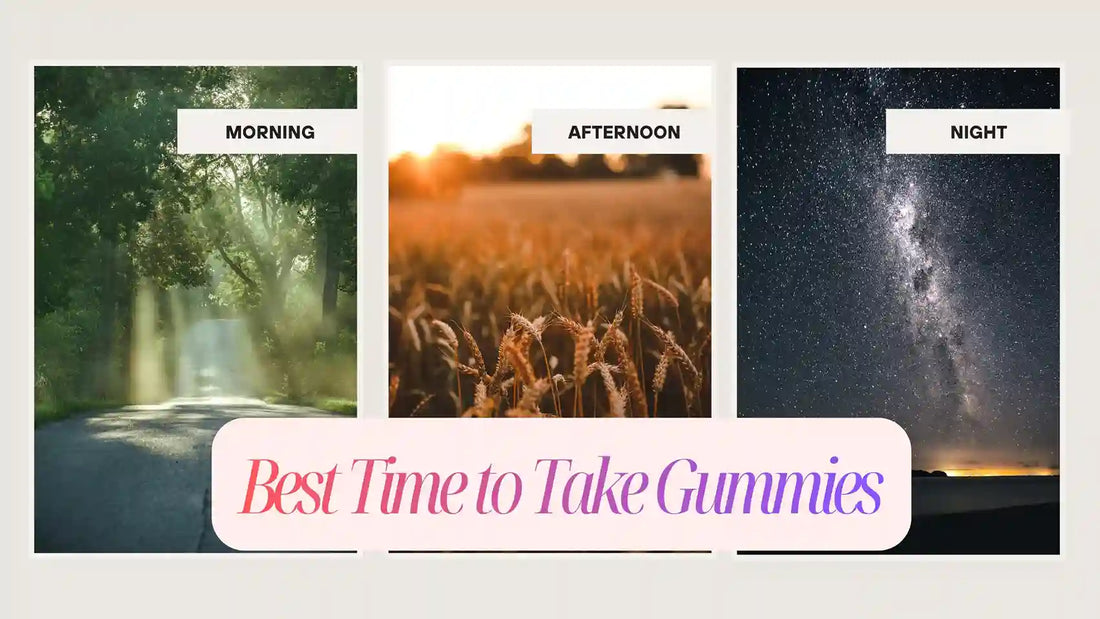 Morning, afternoon, and night scenes showing the best time to take vitamin gummies for energy, focus, and sleep — wellness-inspired blog banner