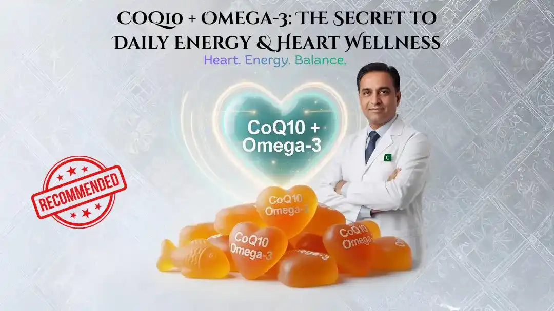 Doctor-recommended CoQ10 and Omega-3 gummies in Pakistan for energy and heart wellness, featuring bright orange gummies with a glowing heart background.