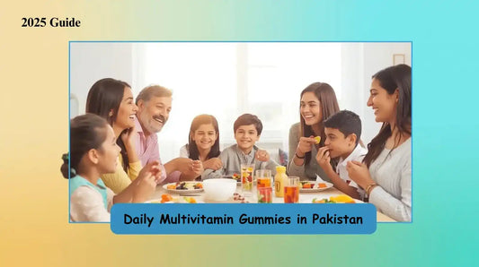 A happy Pakistani family, including parents, grandparents, and children, sitting around a table and smiling while taking multivitamin gummies, as part of a 2025 guide on daily multivitamin gummies in Pakistan.