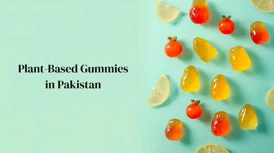 Plant-based gummies in Pakistan — pectin-based halal vegan vitamin supplements, citrus and fruit flavored gummies on mint background