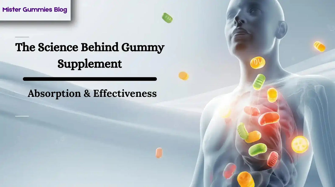 Diagram of a human body with colorful gummy bears absorbed into various organs, titled 'The Science Behind Gummy Supplement: Absorption & Effectiveness'.