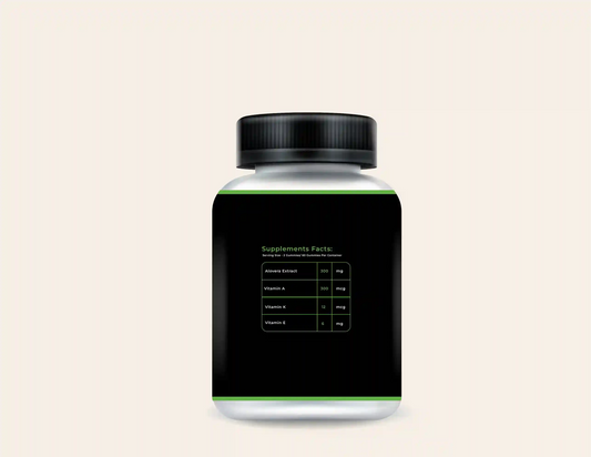 Aloe Vera gummies supplement bottle with nutrition label listing Aloe Vera Extract, Vitamin A, Vitamin K, and Vitamin E.