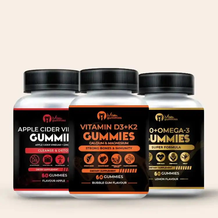 Three bottles of Mister Gummies dietary supplements for adults: Apple Cider Vinegar Gummies (Flavour Apple, for Cleanse & Detox), Vitamin D3 + K2 Gummies with Calcium & Magnesium (Bubble Gum flavour, for strong bones & immunity), and Q10 + Omega-3 Gummies (Lemon Flavour, Super Formula). Each bottle contains 60 gummies.
