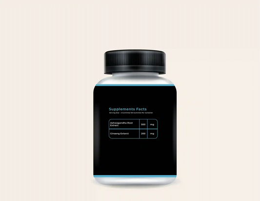 Ashwagandha gummies supplement bottle with Ashwagandha Root Extract and Ginseng Extract for stress relief, energy, and focus support.