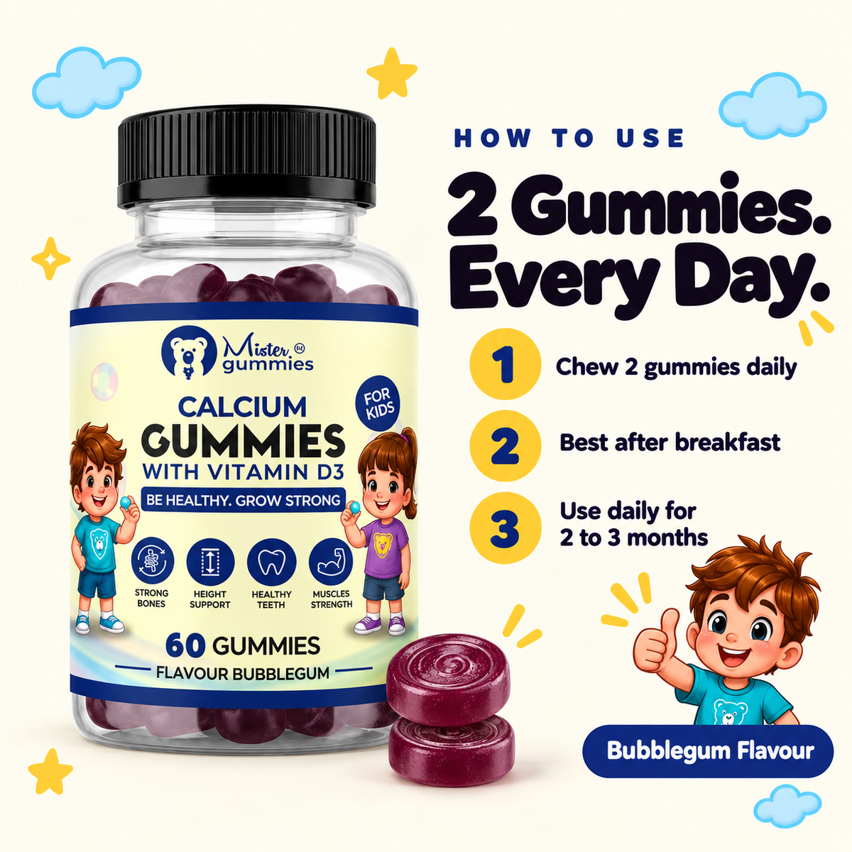 Kids Calcium with Vitamin D3 – Strong Bones & Height Support