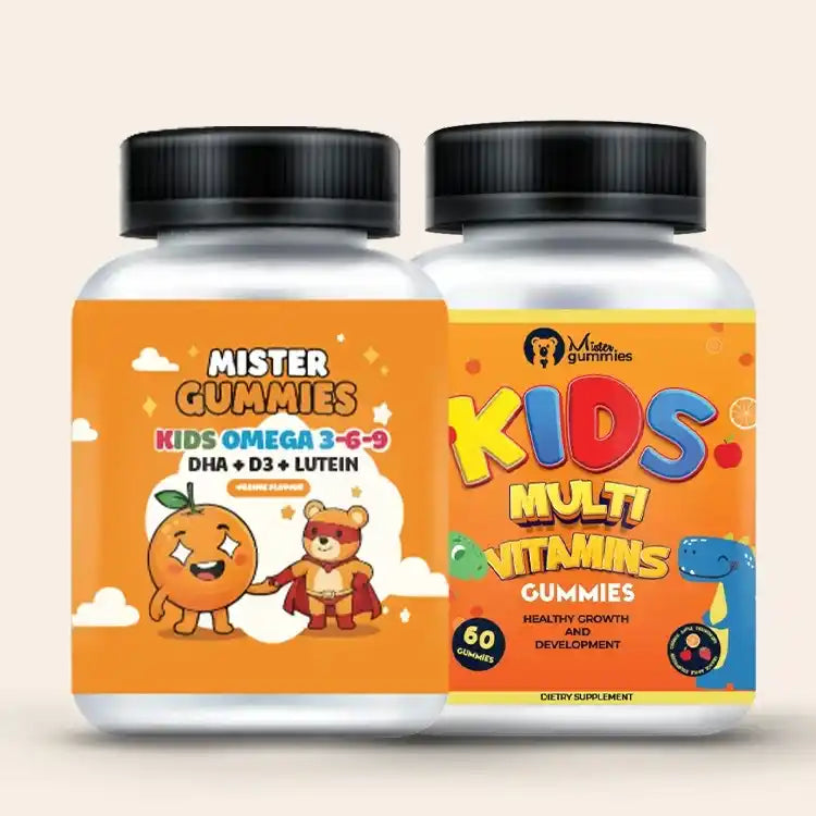 Mister Gummies Kids Super Bundle showing two bottles: one orange-labeled bottle of Kids Omega 3-6-9 DHA + D3 + Lutein gummies with an orange character and a superhero bear, and one yellow-labeled bottle of Kids Multi-Vitamins Gummies (60 gummies) with a dinosaur and fruit characters. The bundle promotes healthy growth and development.