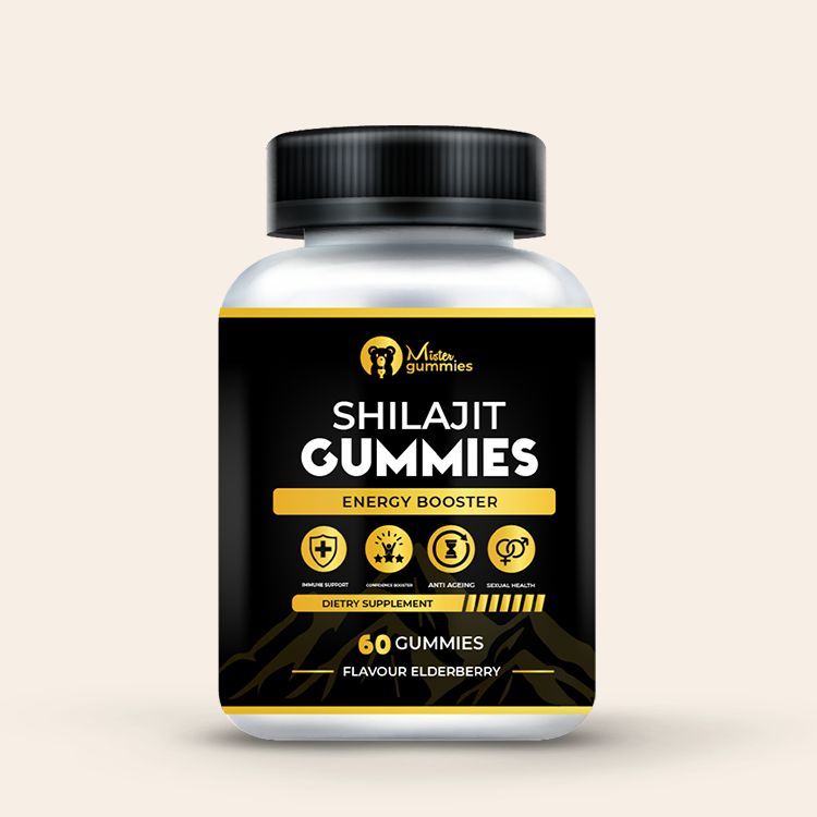 Front view of a Shilajit Gummies bottle with a sleek black and gold label, clear container, and black screw cap.