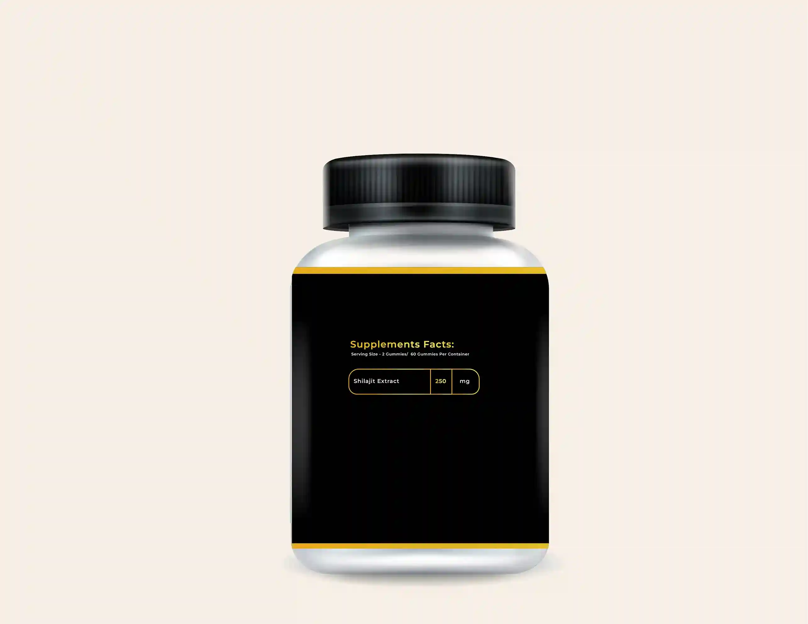 Bottle of Shilajit Gummies with black and gold label showing supplement facts — 250 mg Shilajit Extract per serving.