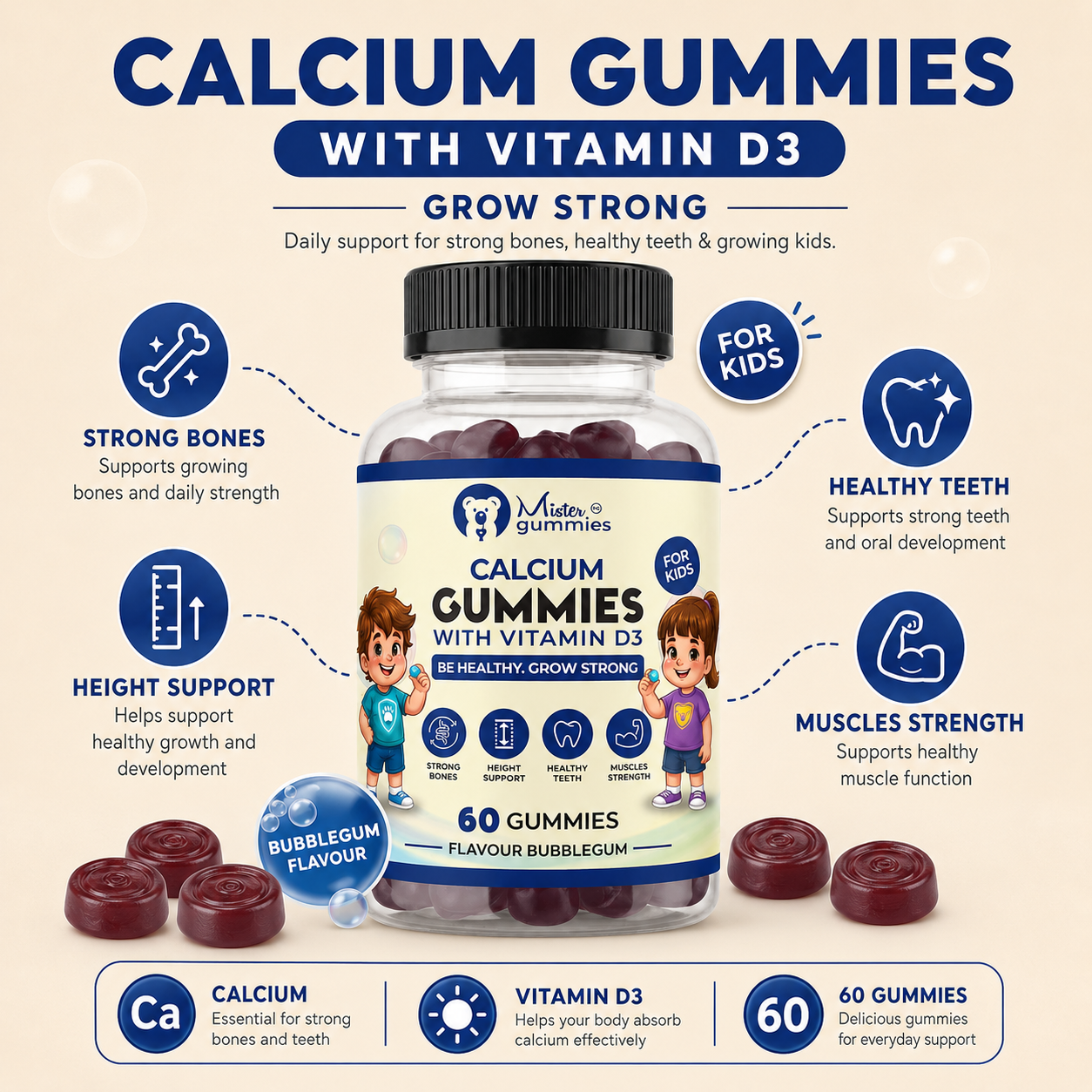 Kids Calcium with Vitamin D3 – Strong Bones & Height Support