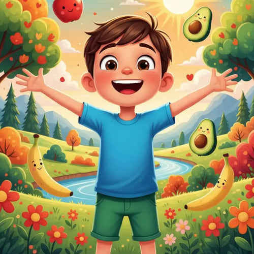 Cartoon illustration of a smiling boy with arms outstretched, surrounded by a vibrant natural landscape with trees, flowers, a river, and floating animated fruits like apples, avocados, and bananas, symbolizing kids' health and nutrition.