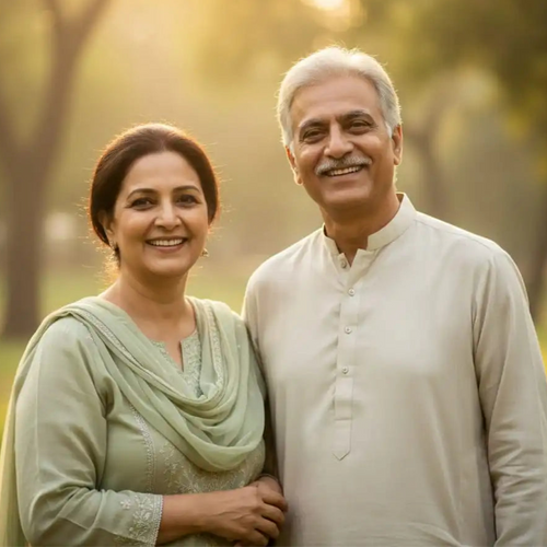 Outdoor portrait of a happy senior couple with warm smiles, standing in a sunny park during golden hour, with soft background bokeh from trees.