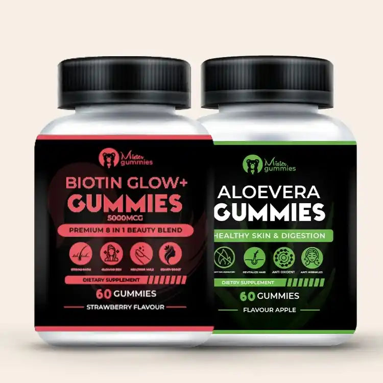 Mister Gummies beauty supplement combo pack featuring Biotin Glow+ 5000mcg gummies