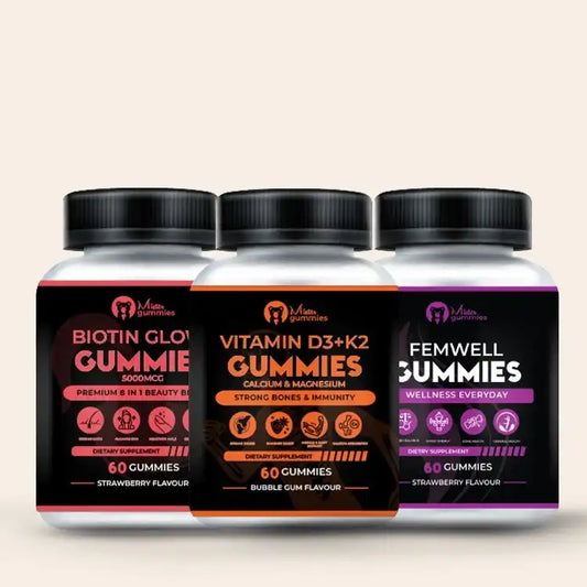Mister Gummies wellness trio pack featuring three bottles: Biotin Glow+ 5000mcg gummies for hair and skin, Vitamin D3+K2 gummies with Calcium and Magnesium for strong bones and immunity, and Femwell gummies for women's daily wellness and hormone balance.