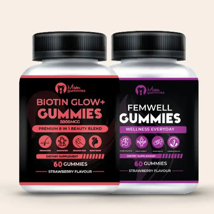 Mister Gummies women's wellness combo pack featuring Biotin Glow+ 5000mcg gummies for hair, glowing skin, and strong nails, and Femwell Gummies for overall wellness, hormone balance, and sexual health.
