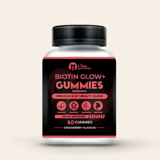 Mister Gummies Biotin Glow+ Gummies 5000mcg Premium 8-in-1 Beauty Blend Dietary Supplement for Healthy Skin, Nails, Hair, and Glow, Strawberry Flavour, 60 Gummies.