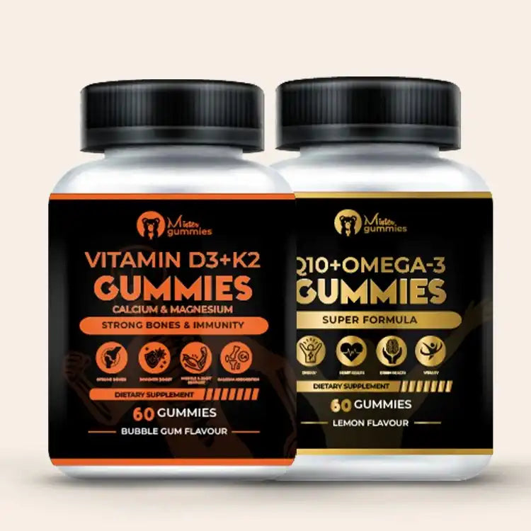 Mister Gummies comprehensive health combo featuring two bottles: Vitamin D3 plus K2 gummies with Calcium and Magnesium for strong bones and immunity, and Q10 plus Omega-3 gummies, a super formula for brain, heart, and joint health.