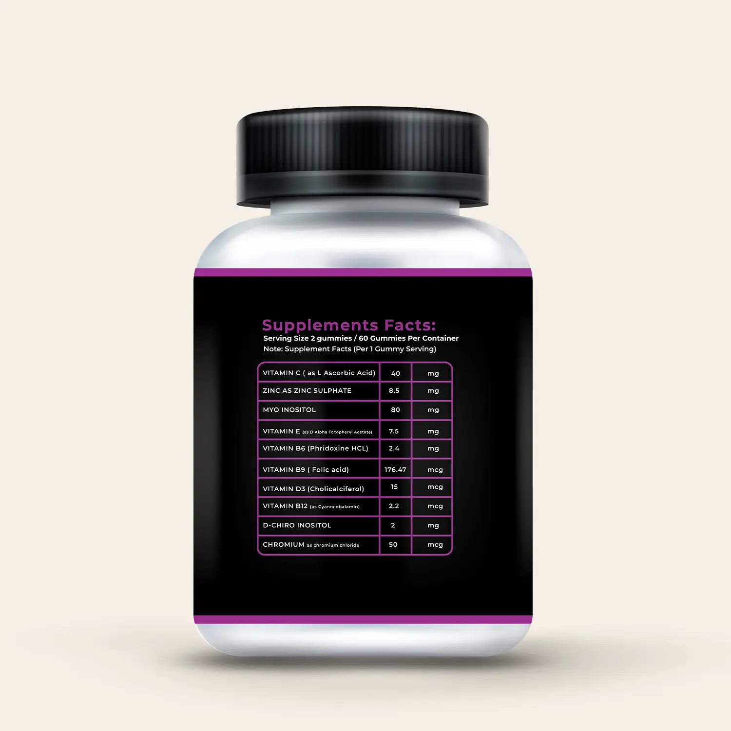 Mister Gummies Femwell Gummies bottle back label showing Supplements Facts: Vitamin C, Zinc, Myo Inositol, Vitamin E, Vitamin B6, Vitamin B9 (Folic Acid), Vitamin D3 (Cholecalciferol), Vitamin B12, D-Chiro Inositol, and Chromium.