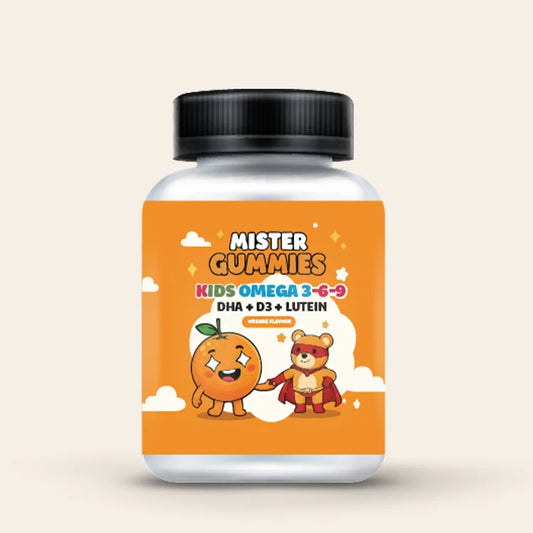 Mister Gummies Kids Omega 3-6-9 DHA D3 + Lutein Gummies bottle with cute orange character and superhero bear, Orange Flavour dietary supplement.