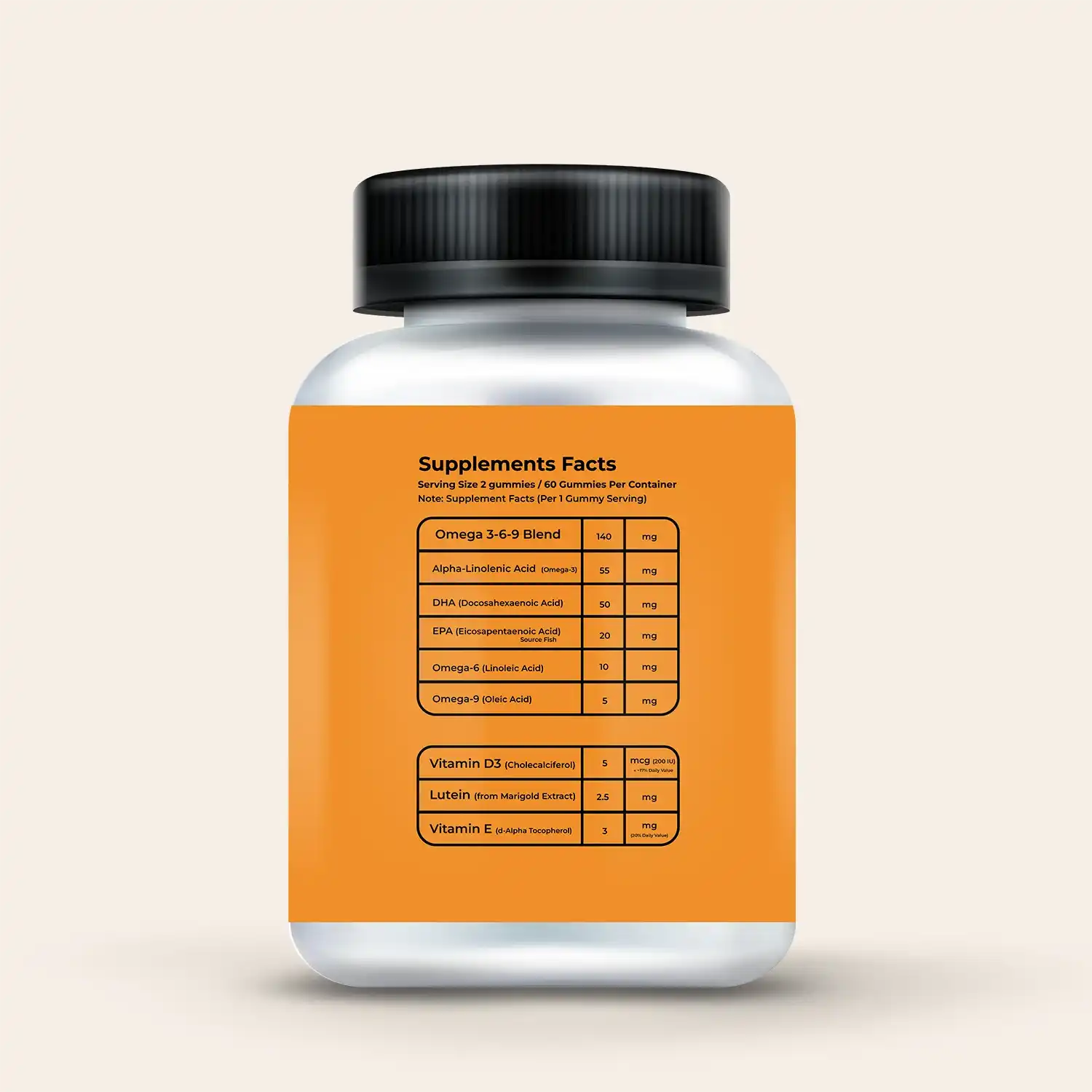 Mister Gummies Kids Omega 3-6-9 bottle back label showing Supplements Facts: Omega 3-6-9 Blend, DHA (Docosahexaenoic Acid) 50mg, EPA (Eicosapentaenoic Acid), Lutein (from Marigold Extract), Vitamin D3, and Vitamin E.