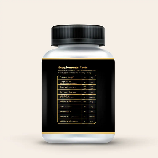 Mister Gummies Q10 Omega-3 Gummies bottle back label showing Supplements Facts: Coenzyme Q10, Magnesium, Omega 3 (EPA DHA), Beetroot Extract, Vitamin E, Vitamin B12, Zinc, Resveratrol, Vitamin D3, Vitamin K2.