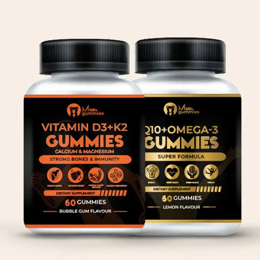 Mister Gummies Q10 + Omega-3 and Vitamin D3 + K2 Gummies Bundle – Supports heart health, strong bones, immunity, and daily wellness.