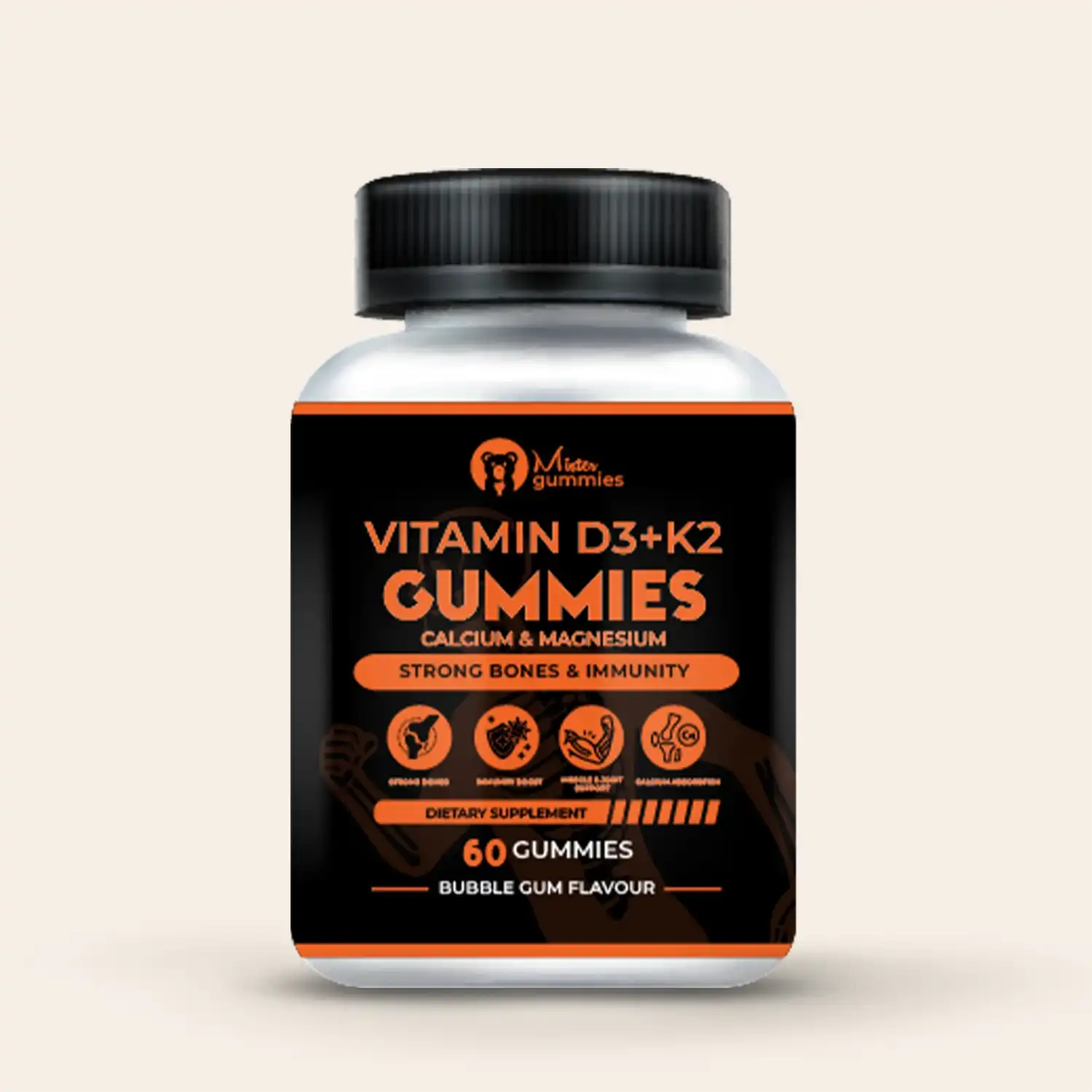 Mister Gummies Vitamin D3+K2 Gummies with Calcium & Magnesium for Strong Bones & Immunity, Bubble Gum Flavour, 60 Gummies Dietary Supplement.