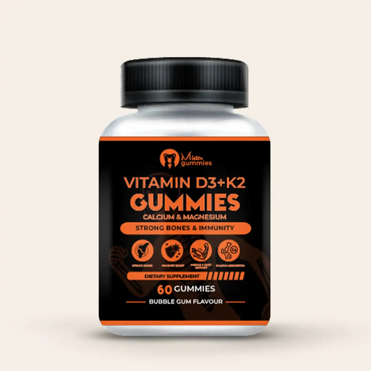 Mister Gummies Vitamin D3+K2 Gummies with Calcium & Magnesium for Strong Bones & Immunity, Bubble Gum Flavour, 60 Gummies Dietary Supplement.