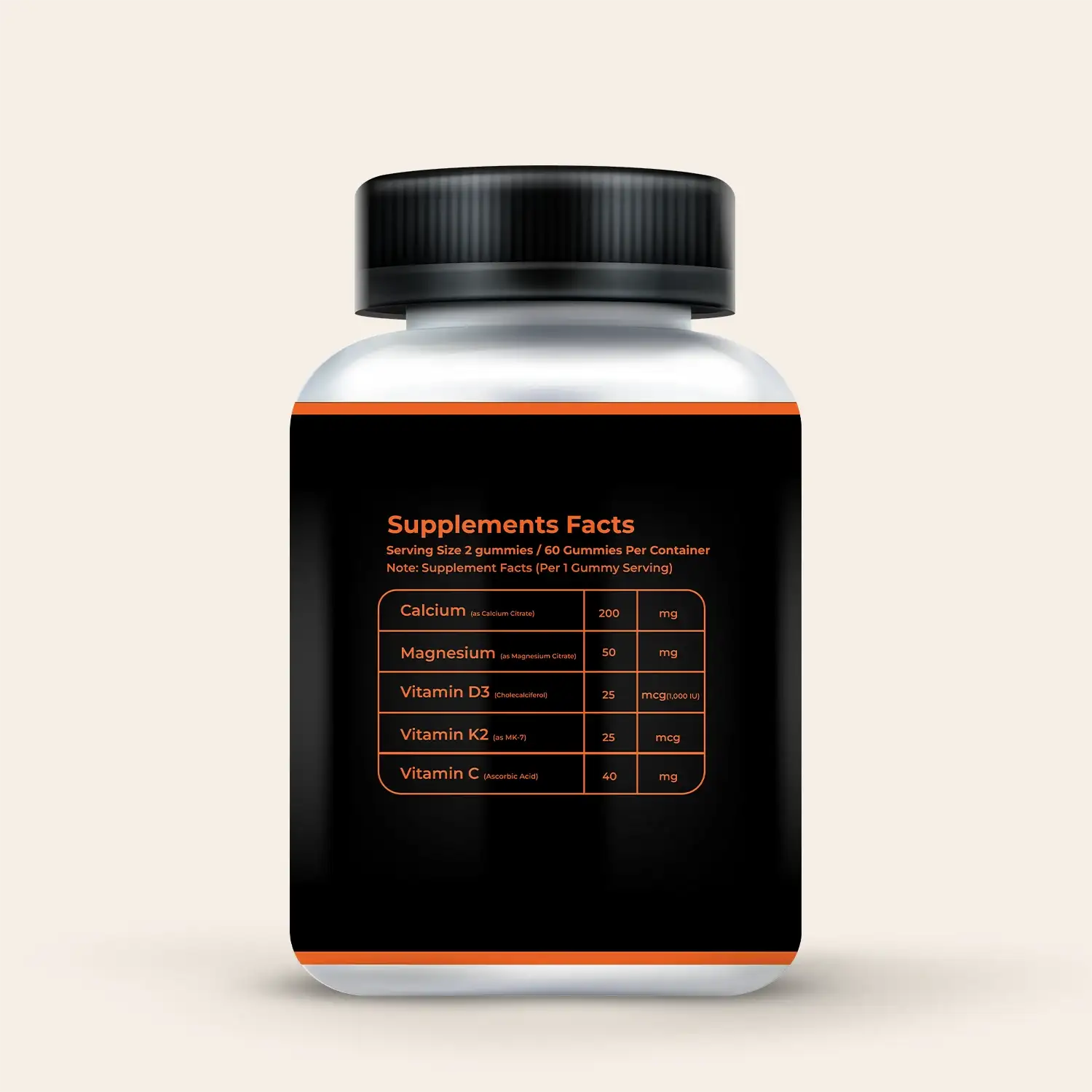 Mister Gummies Vitamin D3 K2 Gummies bottle back label showing Supplements Facts for Calcium, Magnesium, Vitamin D3 (Cholecalciferol), Vitamin K2 (as MK-7), and Vitamin C (Ascorbic Acid).